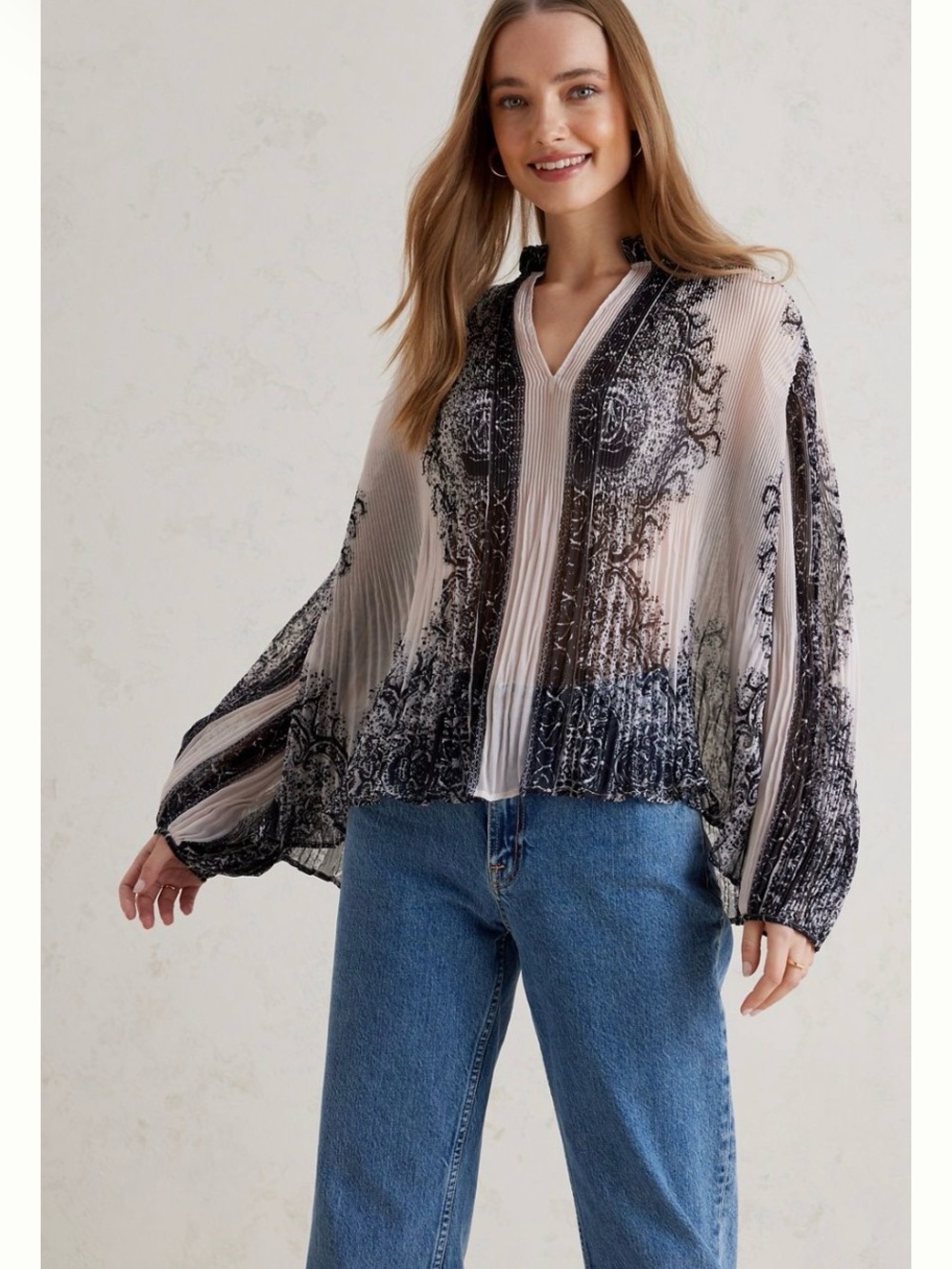 Anthropologie Pleated Paisley V-Neck Blouse - Blush & Black
